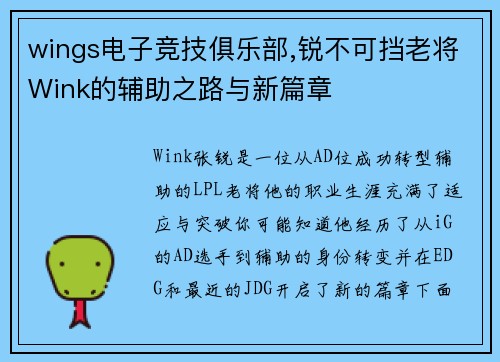 wings电子竞技俱乐部,锐不可挡老将Wink的辅助之路与新篇章